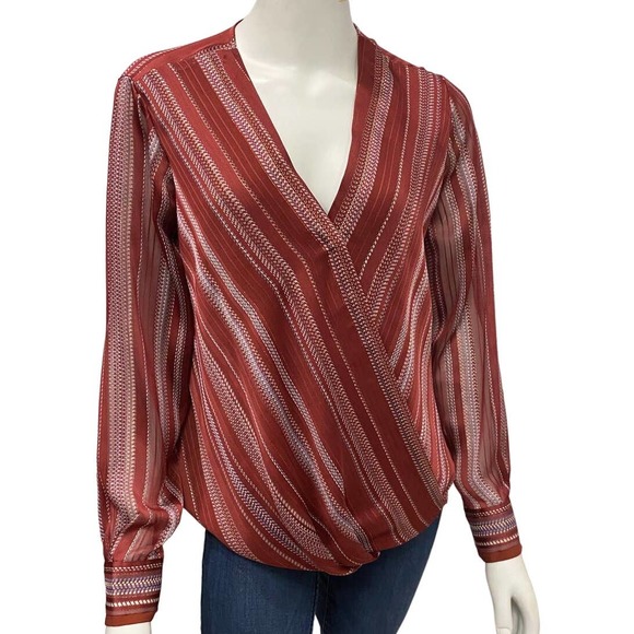 DKNY Crossover Top Rust Cream Blue Tunic Sheer Back Size S - Picture 2 of 7